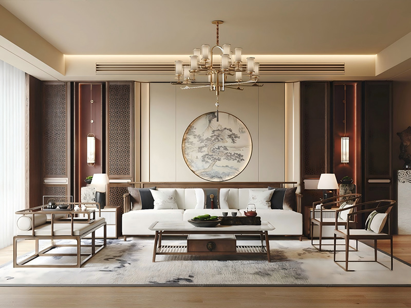 新中式客厅 沙发茶几组合 三人沙发 休闲椅 茶几 沙发背景墙SU模型